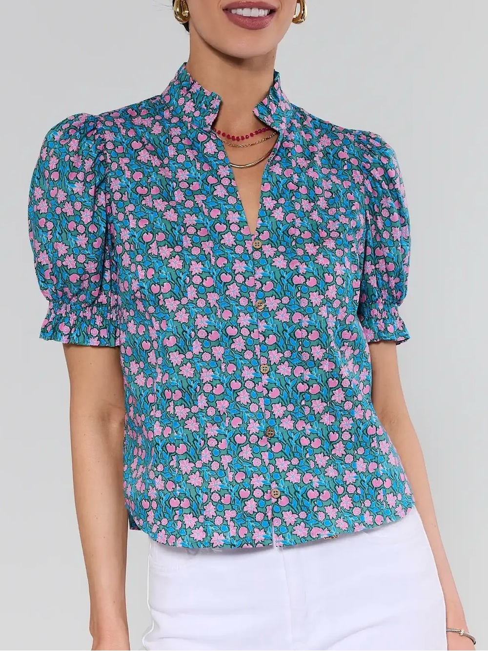 Teal Floral Puff-Sleeve Blouse with Ruffled Neckline